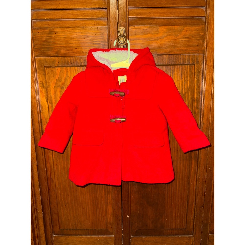 Baby Gap Red Herringbone Duffle Coat Bear Ear Hooded Jacket 6-12 Months